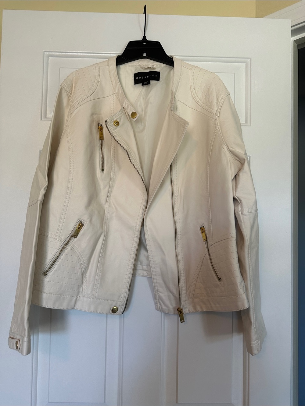 Metaphor Cream Leather Asymmetrical Moto Jacket with Gold Hardware